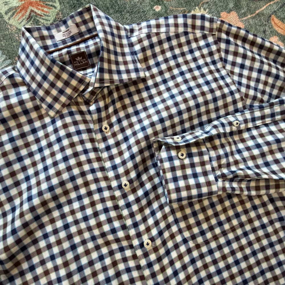 Peter Millar Mens Medium Gingham Check Button Down Shirt Navy Brown Cotton